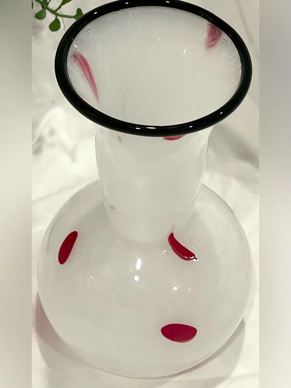 Mottled White w Red Abstract Polka Dots Black Top Rim Glass Art Vase | EUC